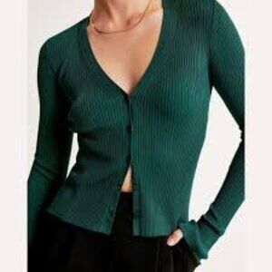 Abercrombie & Fitch Ribbed Button Front V Neck Cardigan Sweater Green